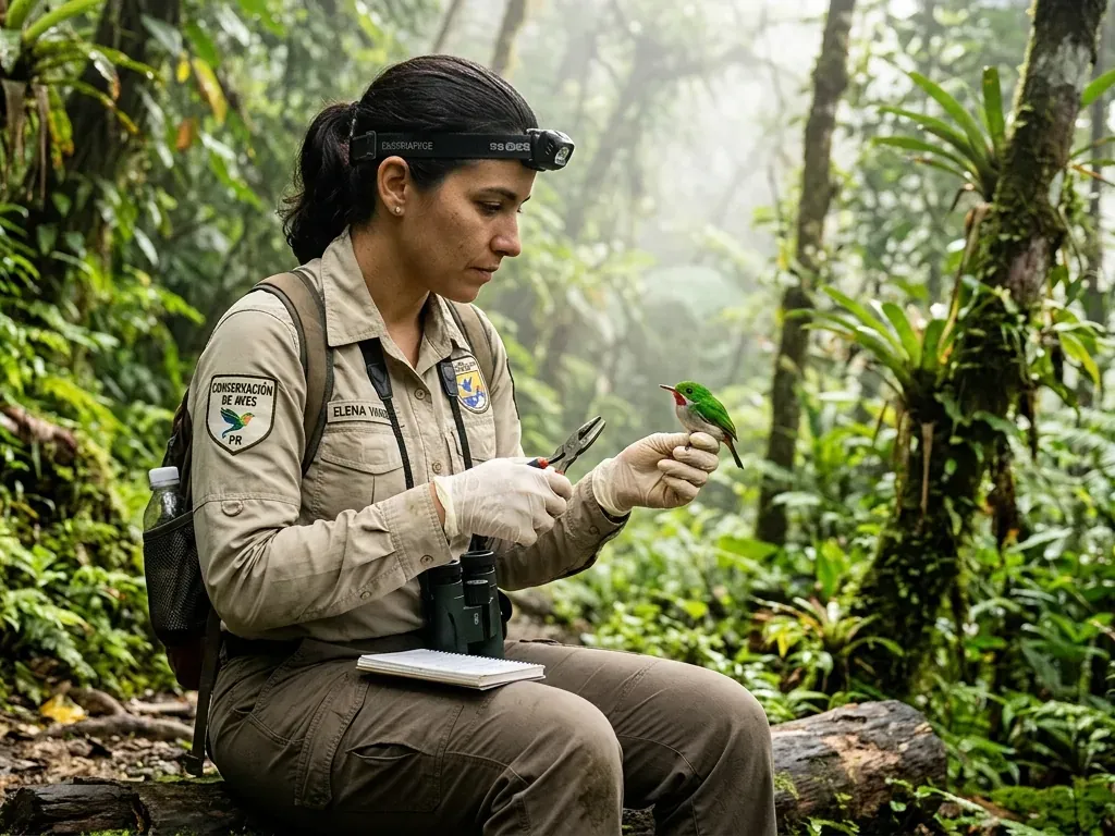 A researcher watching a wild bird in the forest