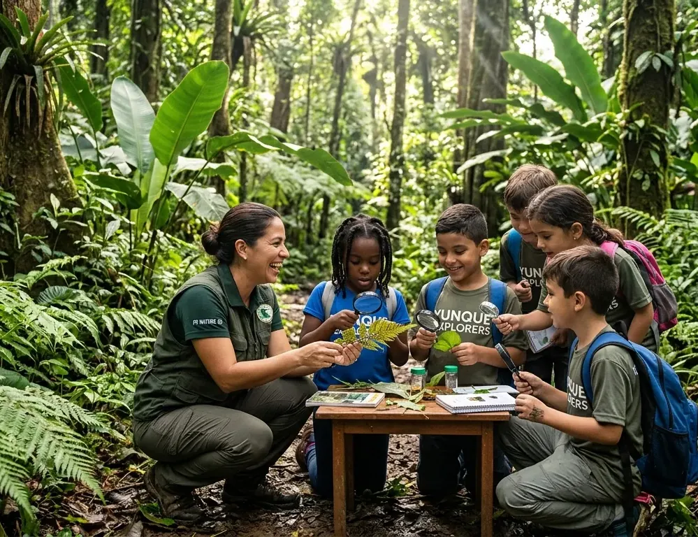 Children explore leaves and forest materials with an educator