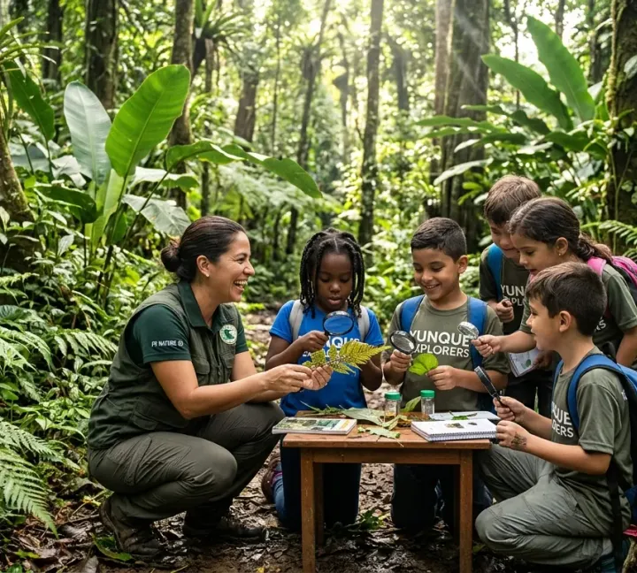 Students learning outdoors with an educator