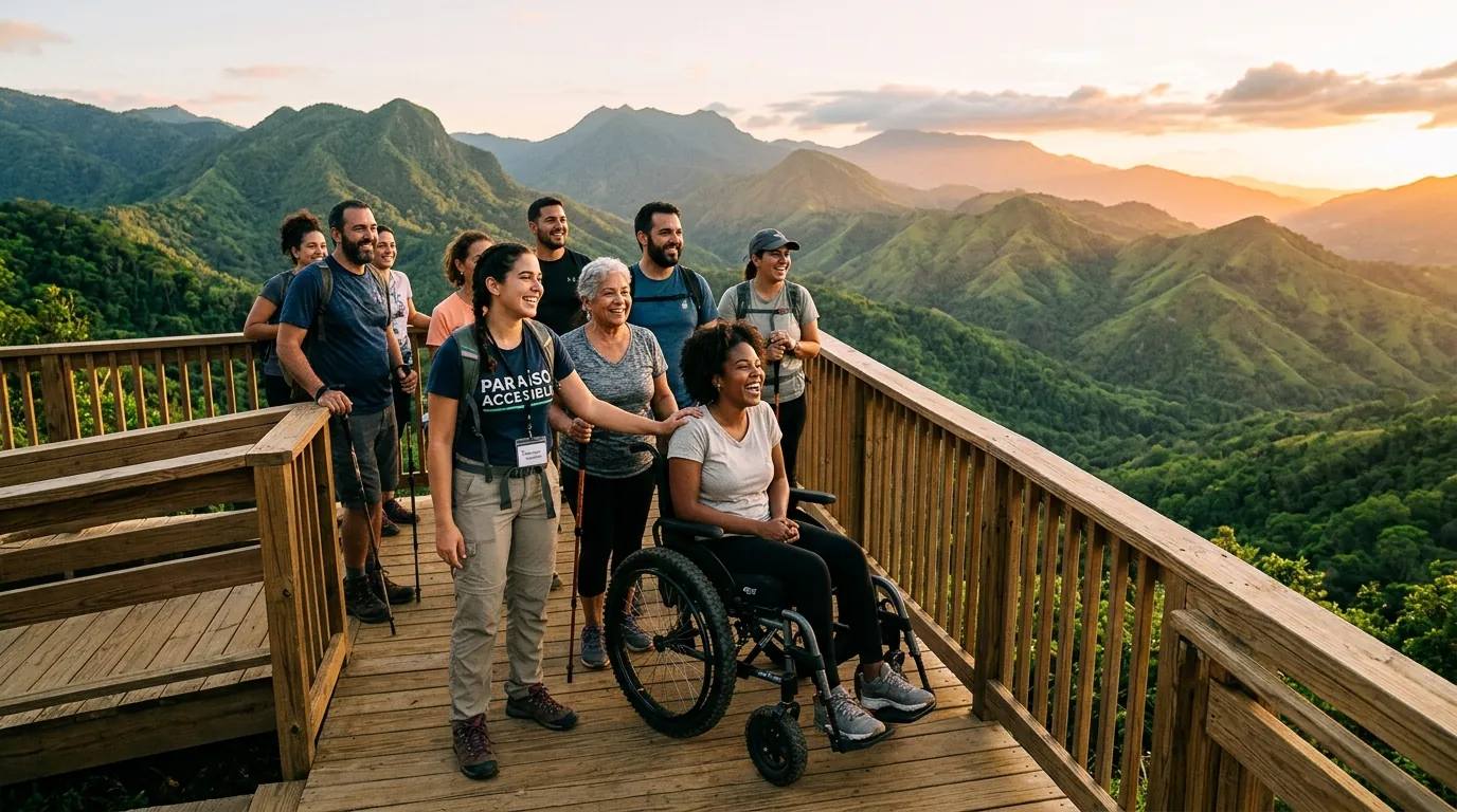 Personas disfrutando juntas de un mirador en la montaña