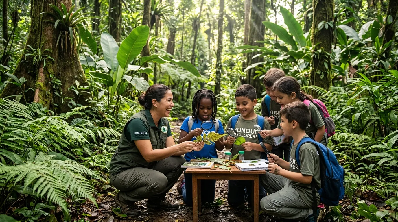 Niños aprenden sobre la naturaleza con una educadora