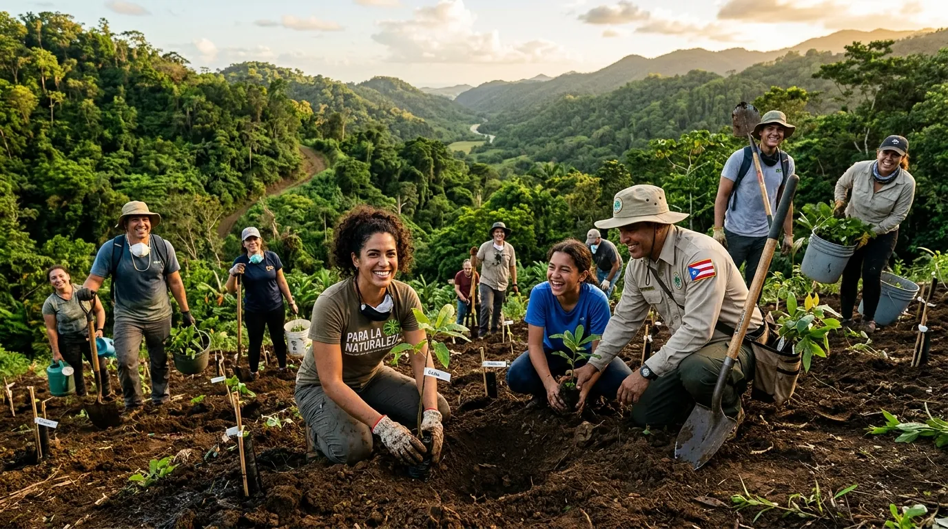 Grupo recorriendo la naturaleza junto a una persona guía